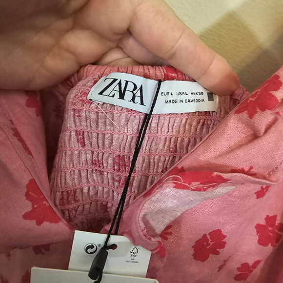 Zara Women's Floral Pink Ruffled Linen Blend Mini Dress Pink Size Large New FLAW - Picture 7 of 10